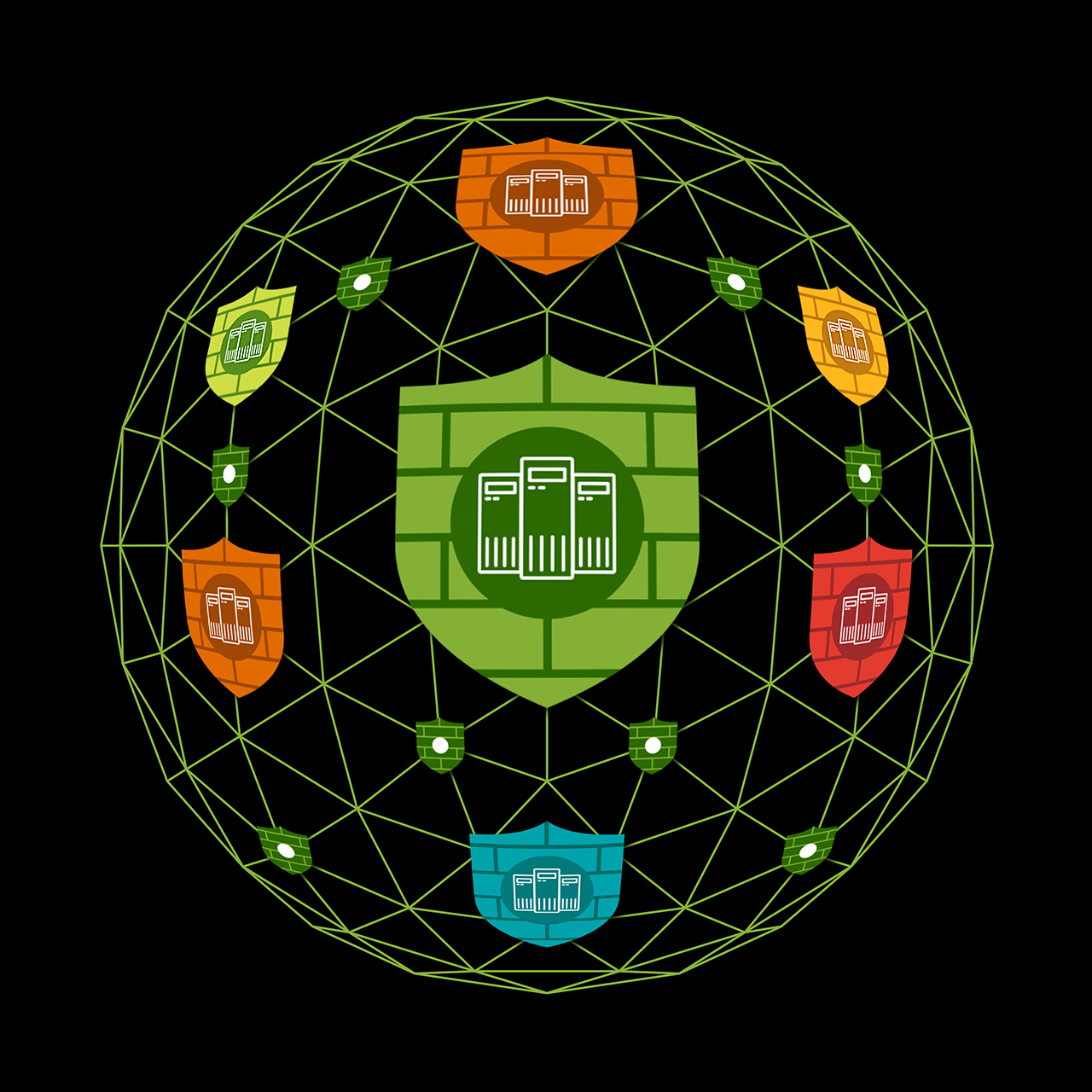 Graphic depicting interconnected data centers and security shields representing Juniper’s Connected Security Distributed Services Architecture